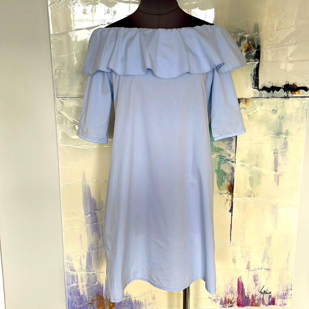 SET Baby Blue Cotton Ruffle Off Shoulder Dress